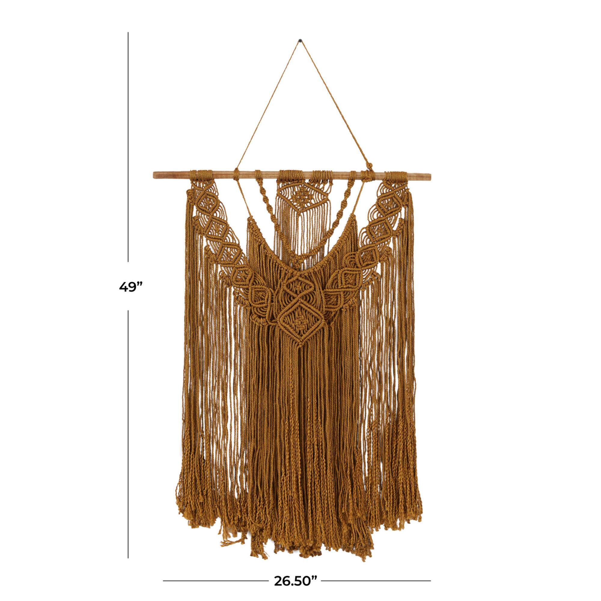 Brown Fabric Handmade Intricately Weaved Macrame Wall Decor with Beaded Fringe Tassels 27" x 1" x 49"